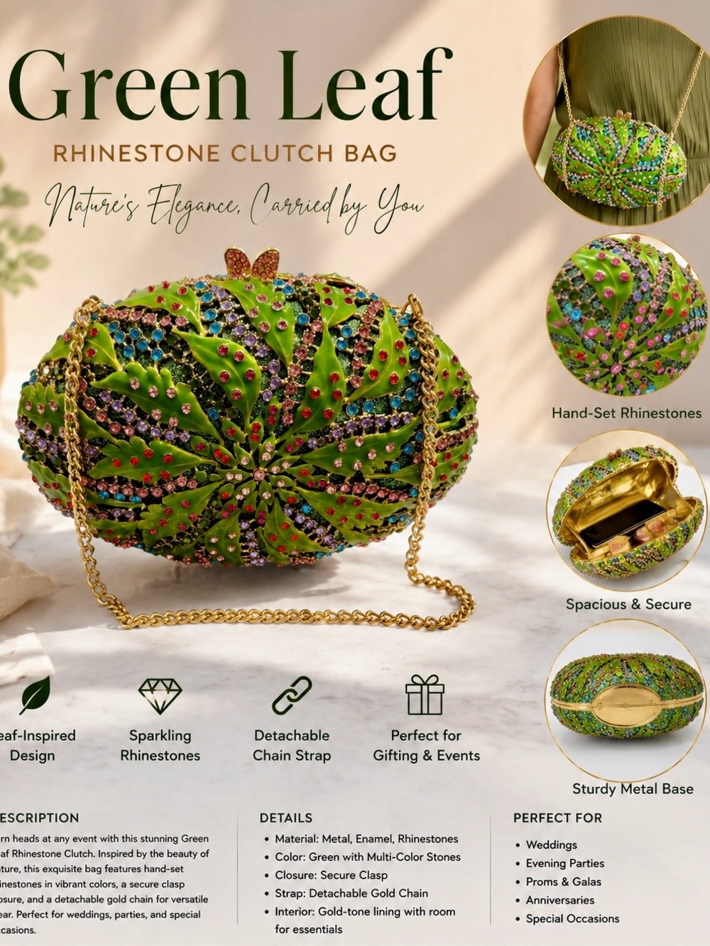 Embellished Green Crystal Leaf Clutch